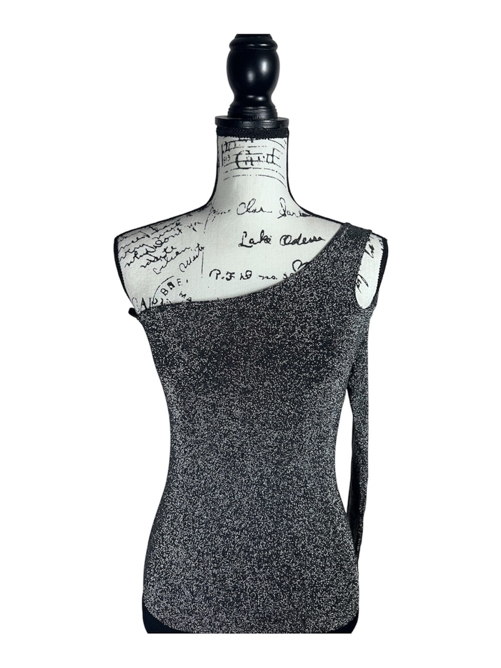 BeBe One-Shoulder Single Sleeve Metallic Black & Silver Bodysuit Size M/L